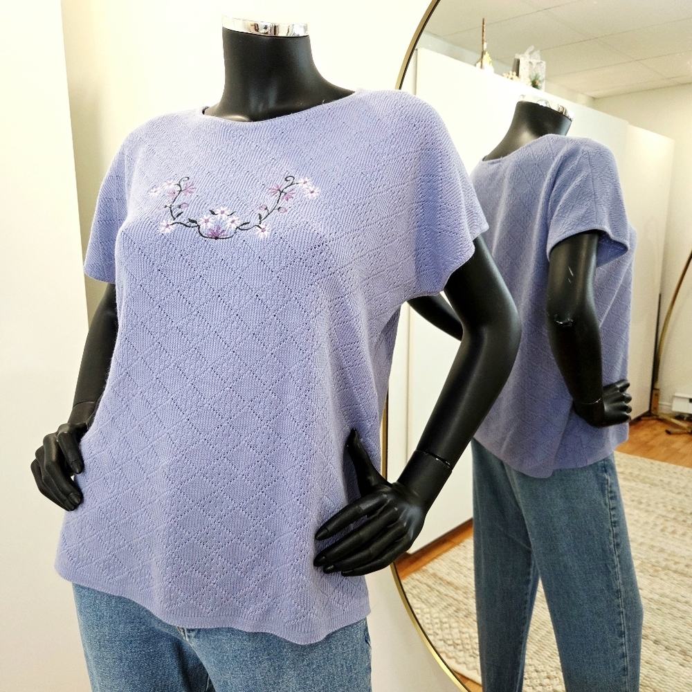 Vintage Nu Vogue Grannycore Sweater – Floral Embroidery – Lavender Knit – M/L - Picture 9 of 10